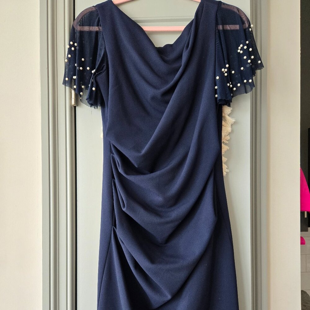 Betsy & Adam Womens Navy Sheer Pearl Sleeve Dress Size 10P